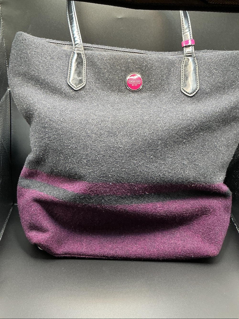 Coach Two-Tone Wool Tote in Black and Plum